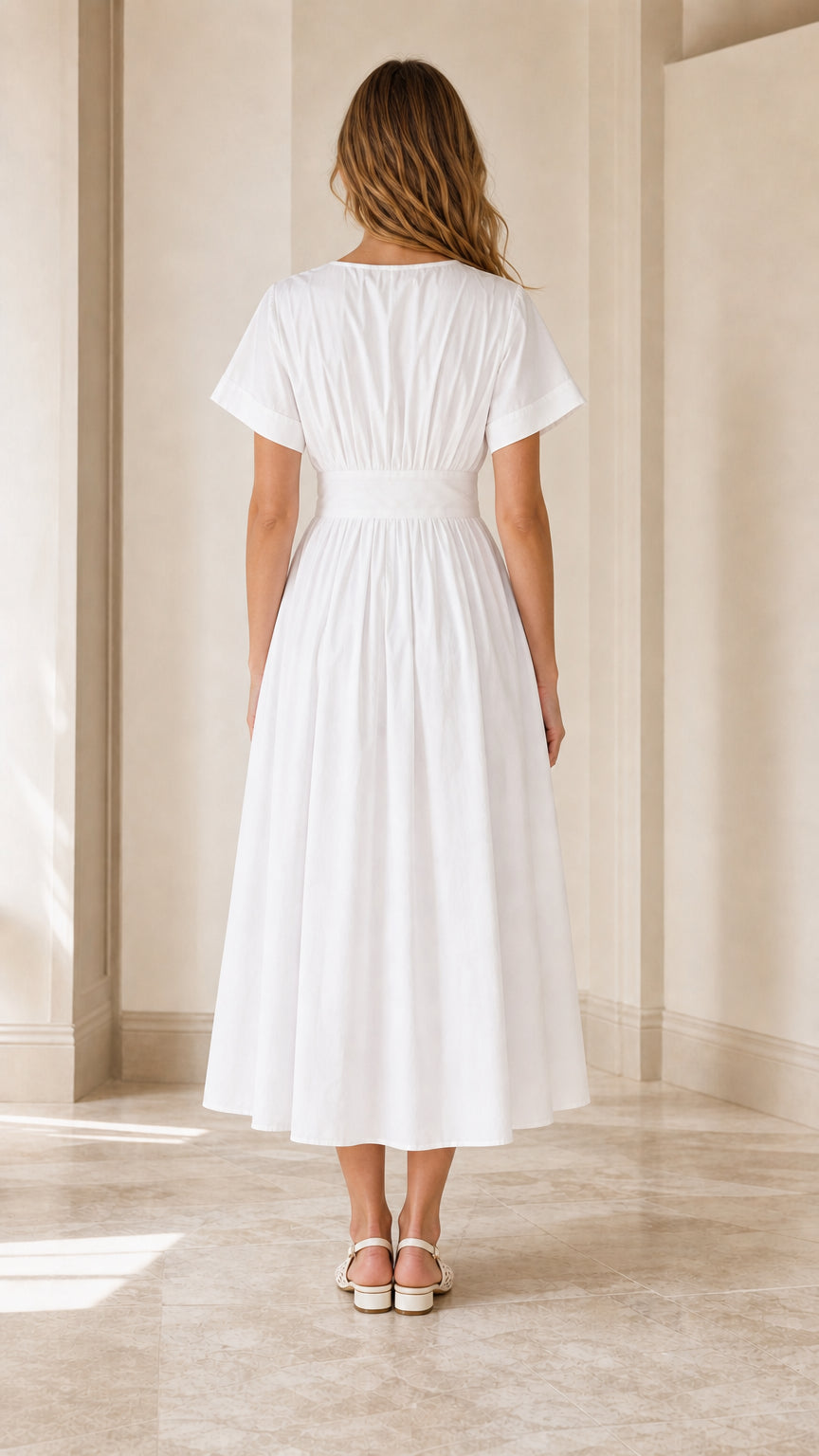 Back view of white pleated A-line midi dress