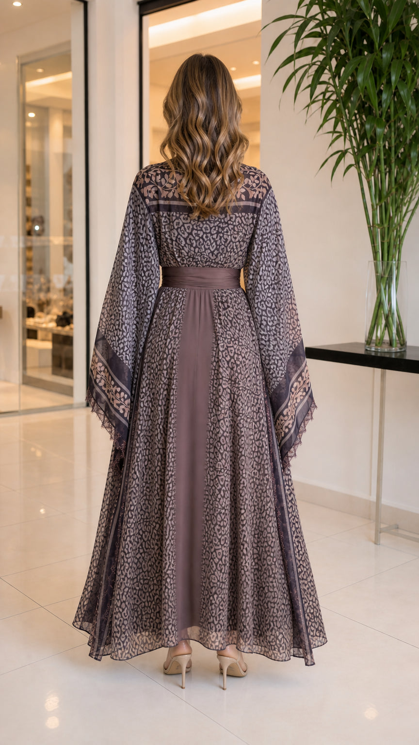 Back view of long printed sheer kimono duster and mocha jumpsuit