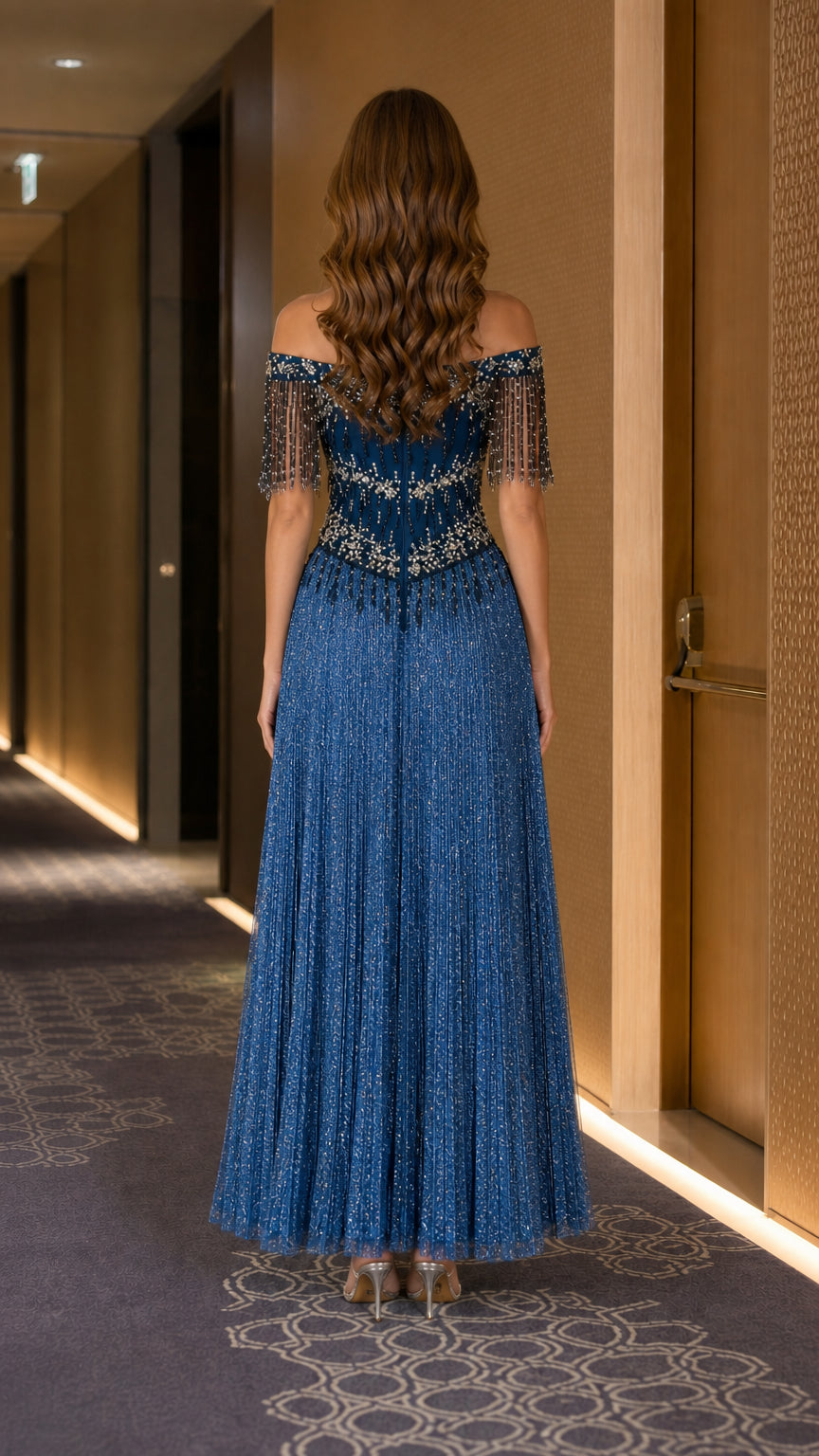 Back view of blue formal gown