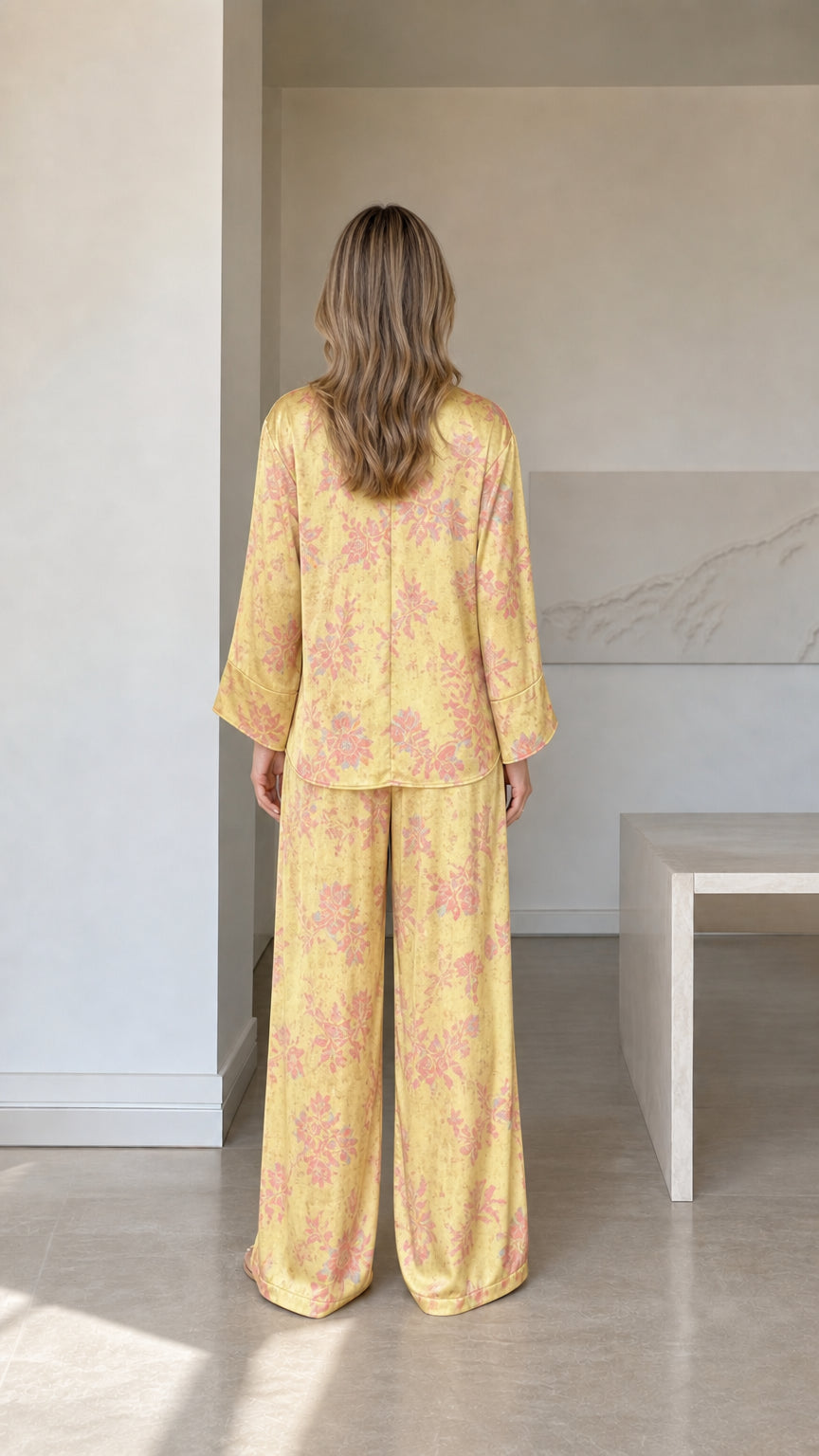 Back view of woman in yellow satin floral wide-leg pajama set