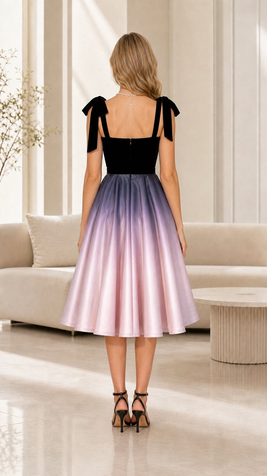 Back view of a black and lavender midi dress with bow straps and center closure