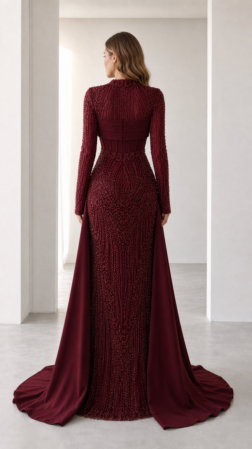 Back view of the burgundy evening dress with detailed back coverage