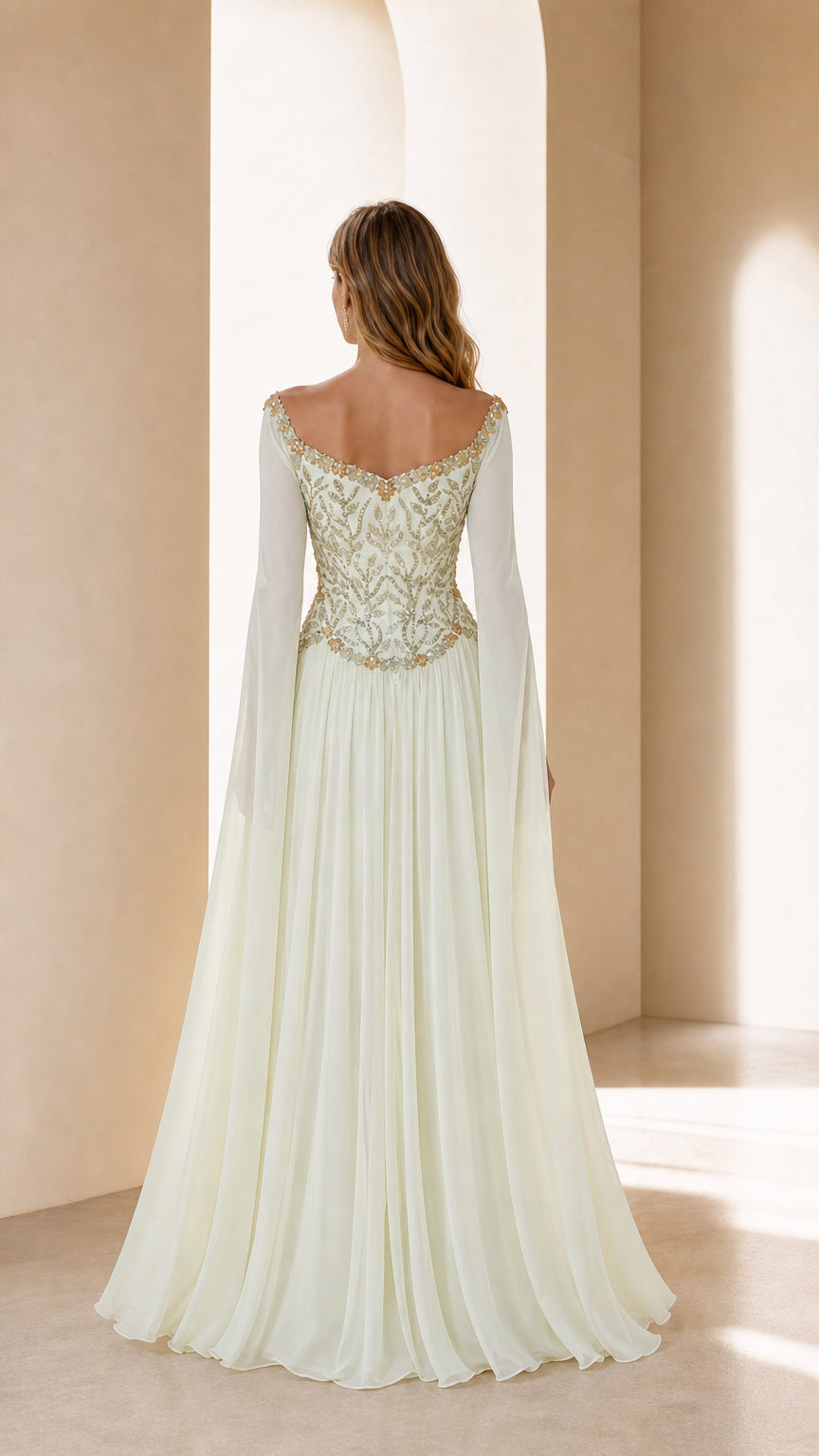 Back view of ivory formal gown showing flowing skirt