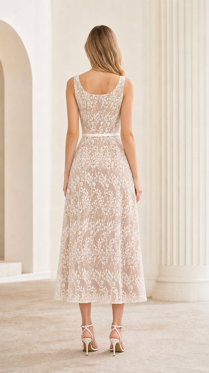 Back view of champagne lace midi dress