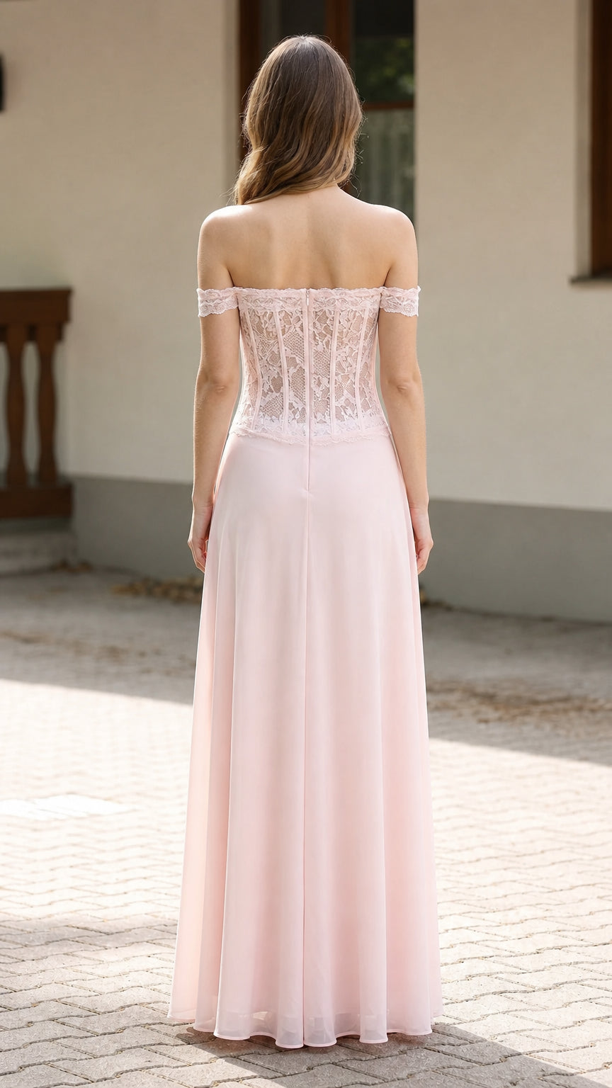 Back view of blush pink sheer lace corset maxi dress
