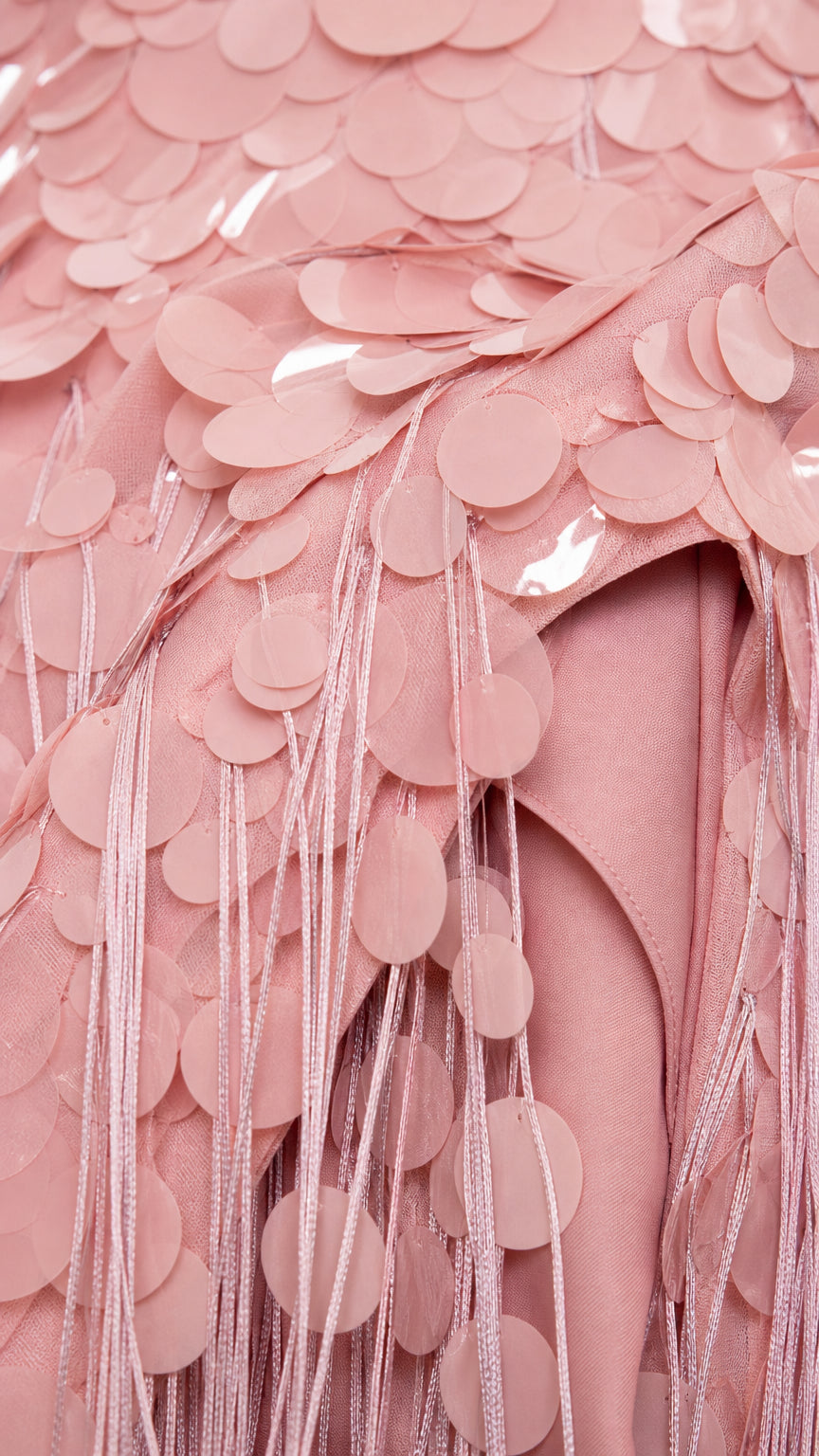 Close-up detail of paillettes and tassel fringe on pink dress