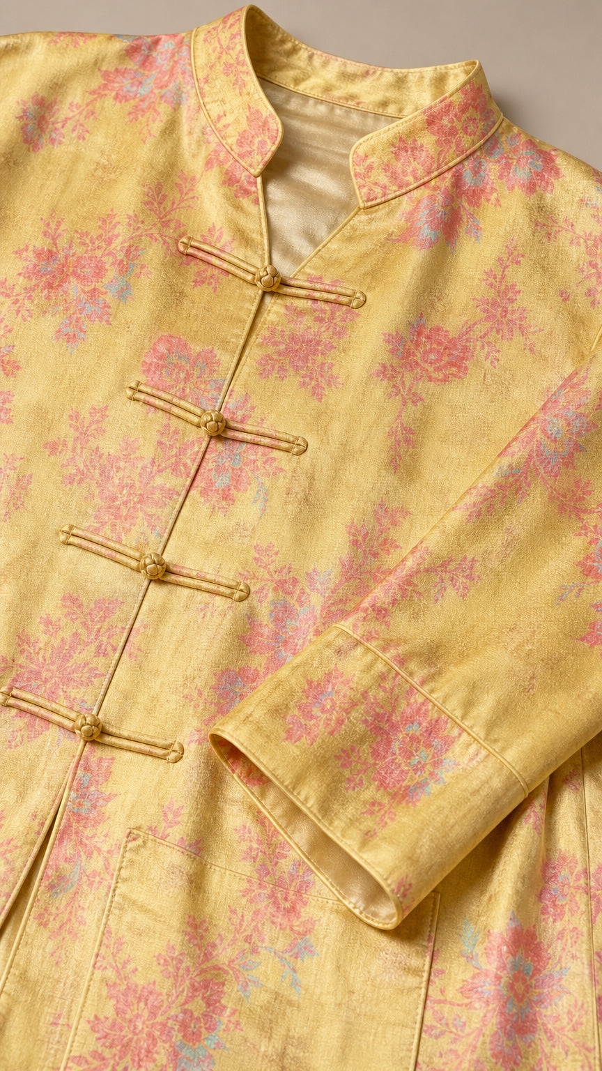 Close-up detail of yellow floral jacquard fabric with mandarin collar and frog knot buttons