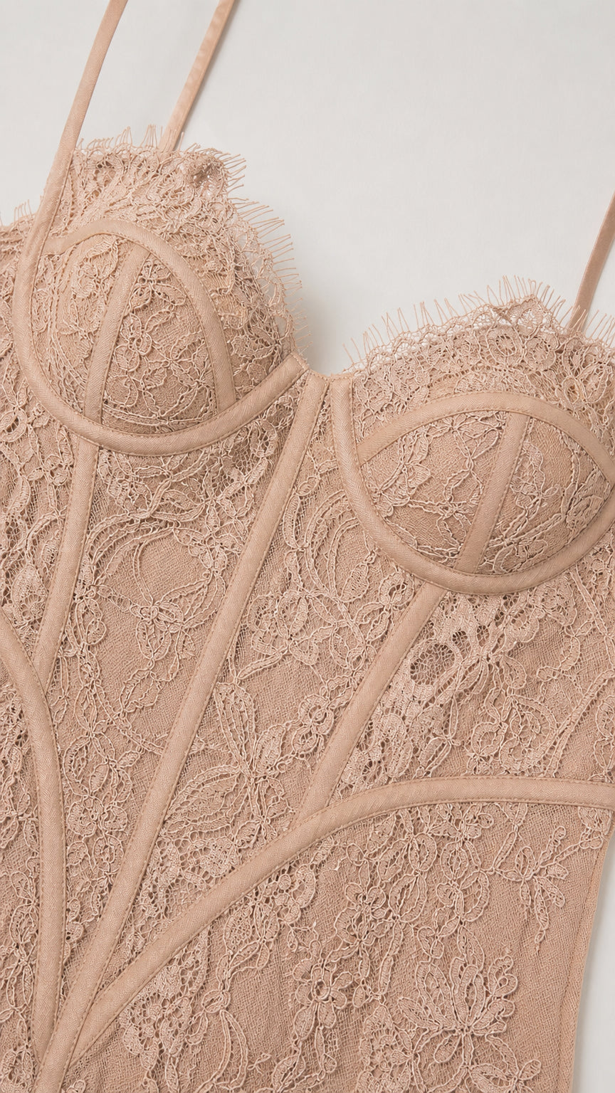 Close-up detail of sweetheart neckline and corset boning