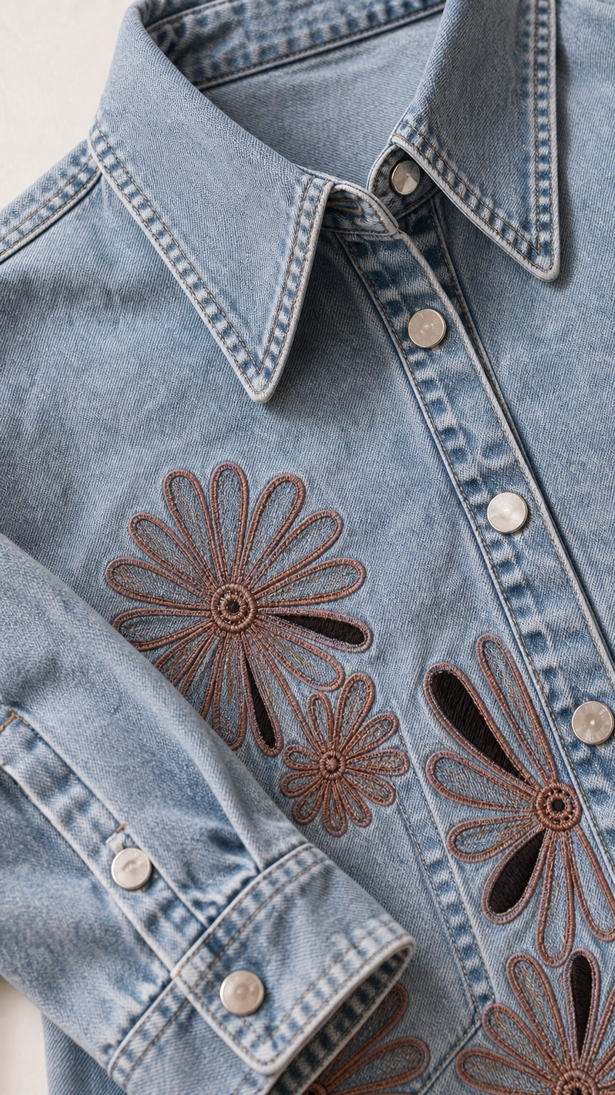 Close-up detail of light blue denim shirt collar, buttons, and intricate floral cutout embroidery