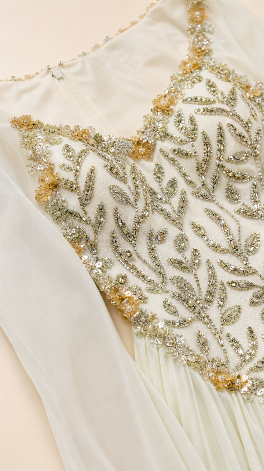 Close-up detail of beaded and embroidered bodice on gown