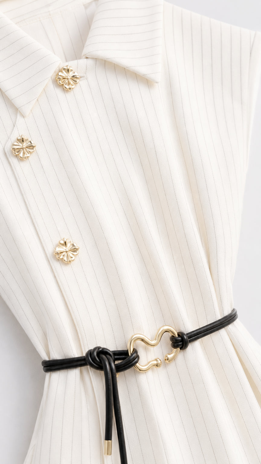 Close-up detail of white pinstripe top lapel, gold buttons, and belt