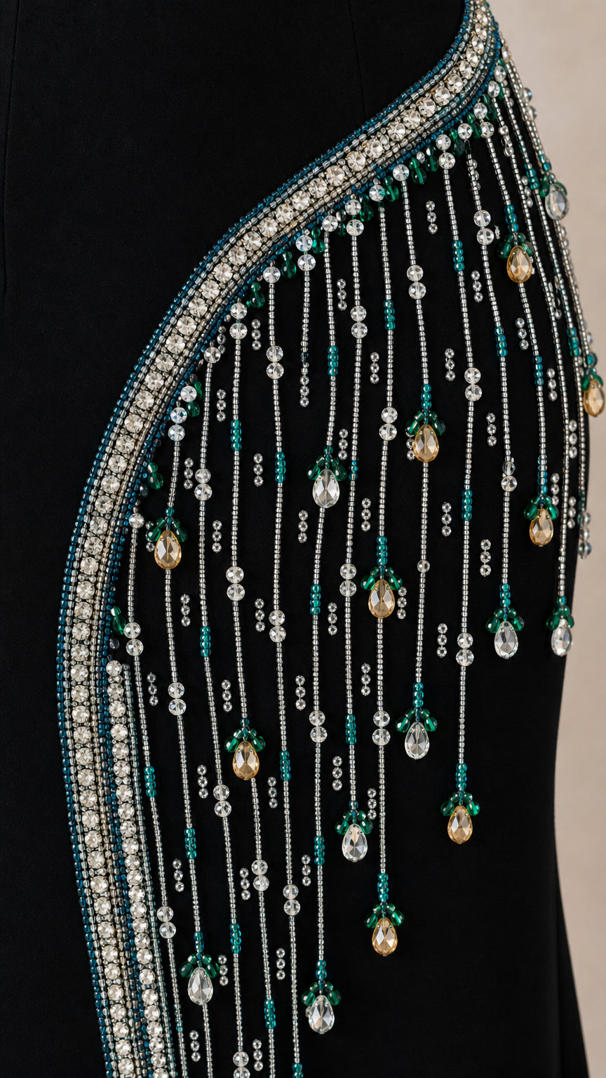 Close up of crystal and bead fringe embellishment