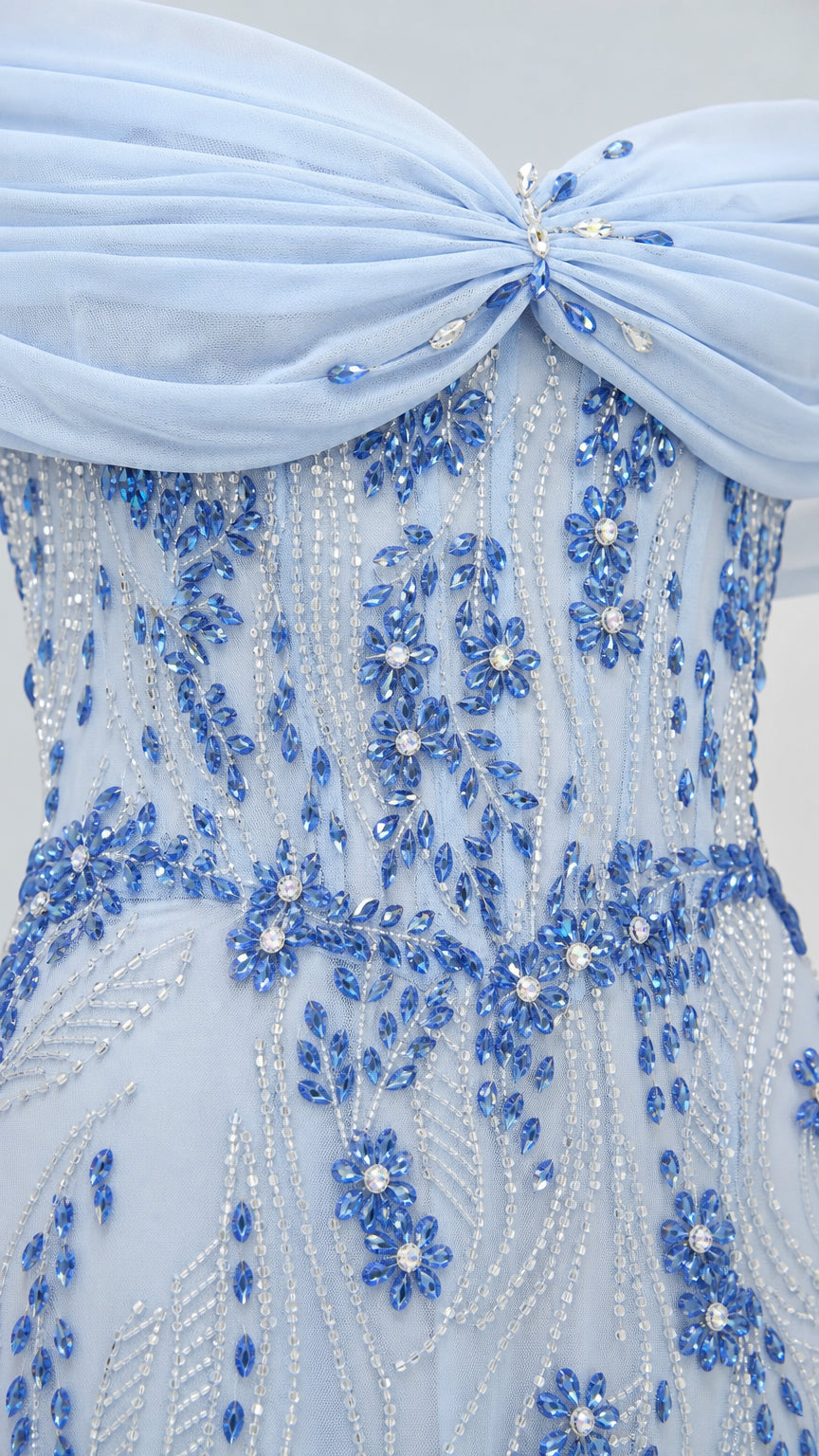 Close-up of beaded bodice and sweetheart neckline