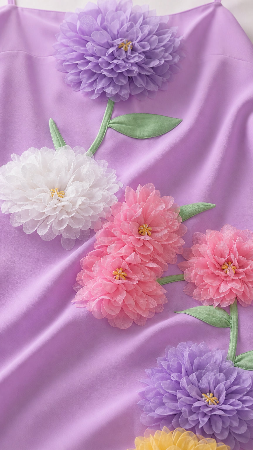 Close-up of dimensional pastel 3D floral appliqués and embroidery detail