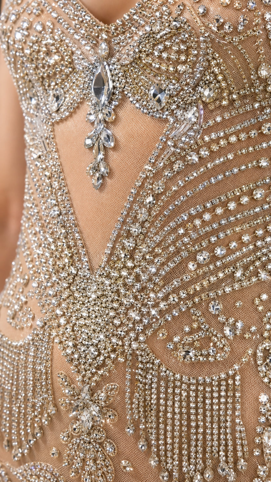 Close-up detail of rhinestone and crystal bodice embellishments