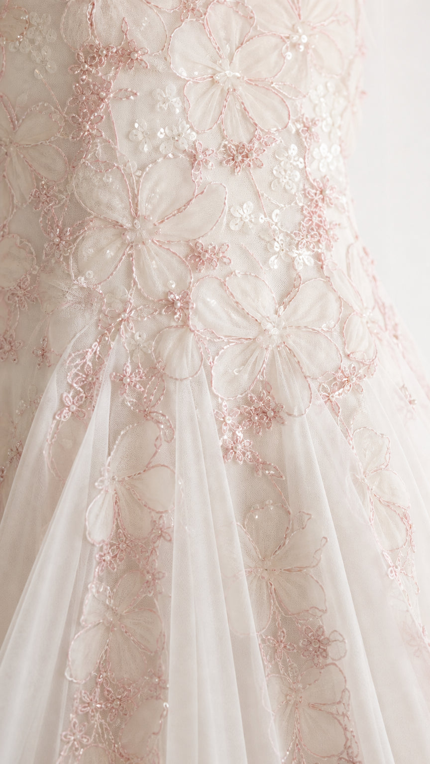 Close-up detail of delicate pink floral embroidery and shimmering sequins on tulle fabric