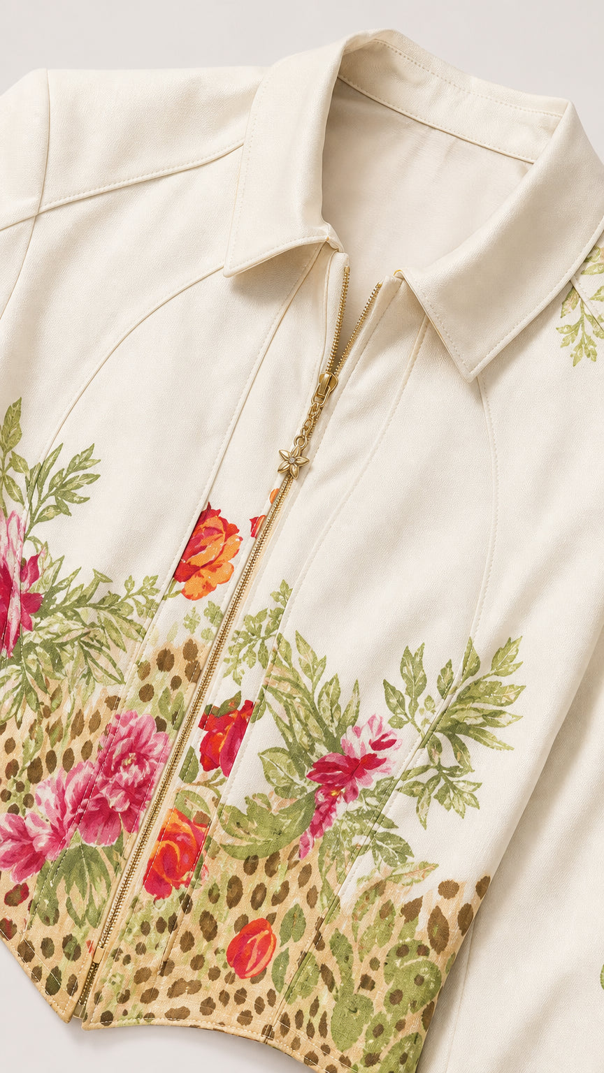 Close-up detail of Cream cropped jacket collar, metal zipper, and floral leopard print pattern