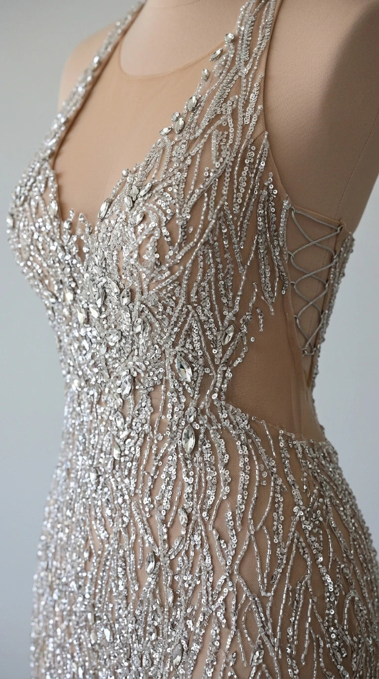 Close up of intricate silver bead and sequin work with side lace-up