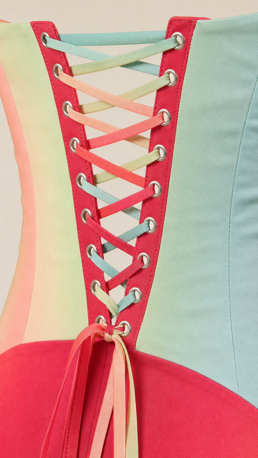 Close-up of the rainbow lace-up corset back and metal eyelets