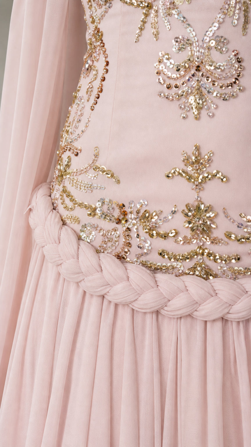 Close-up detail of gold embroidery and braided trim on bodice