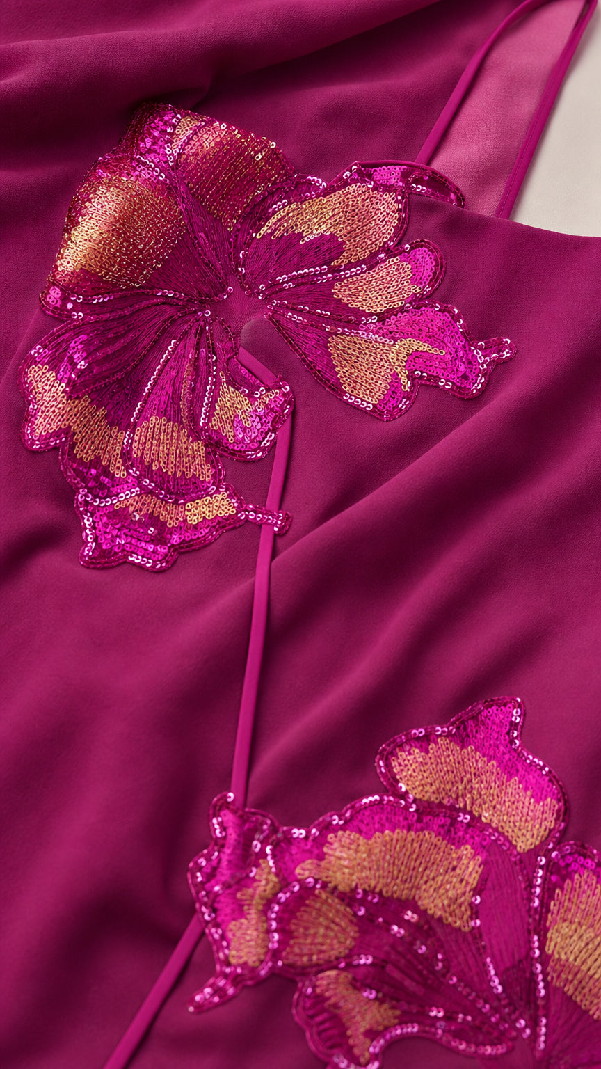 Close-up detail of sparkling sequin and thread floral embroidery