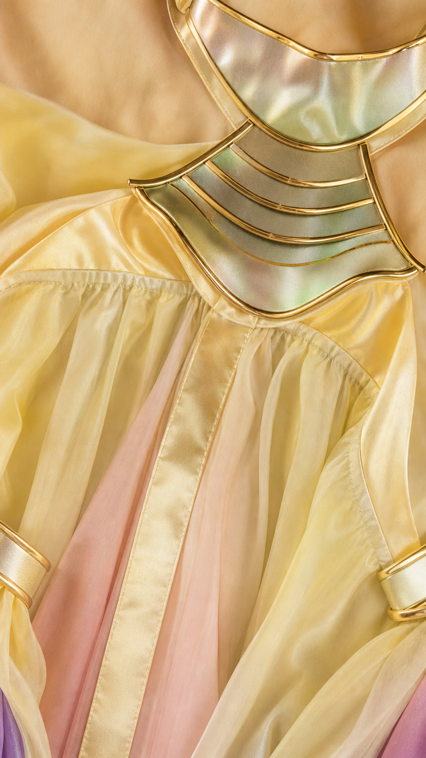 Close-up detail of tiered metallic gold halter neckpiece on pastel gathered chiffon gown