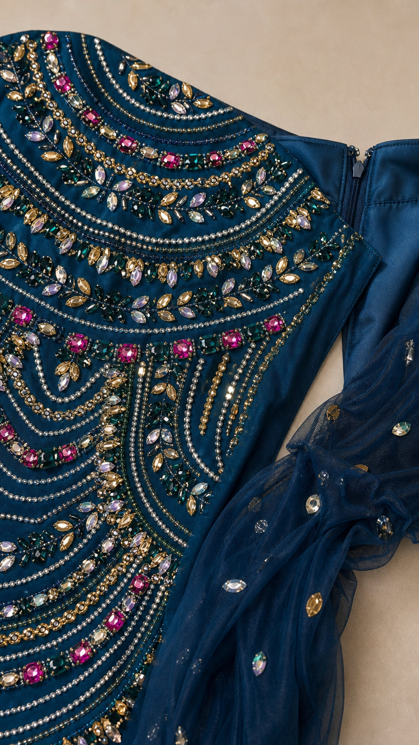 Close-up detail of geometric crystal and sequin beadwork on teal fabric