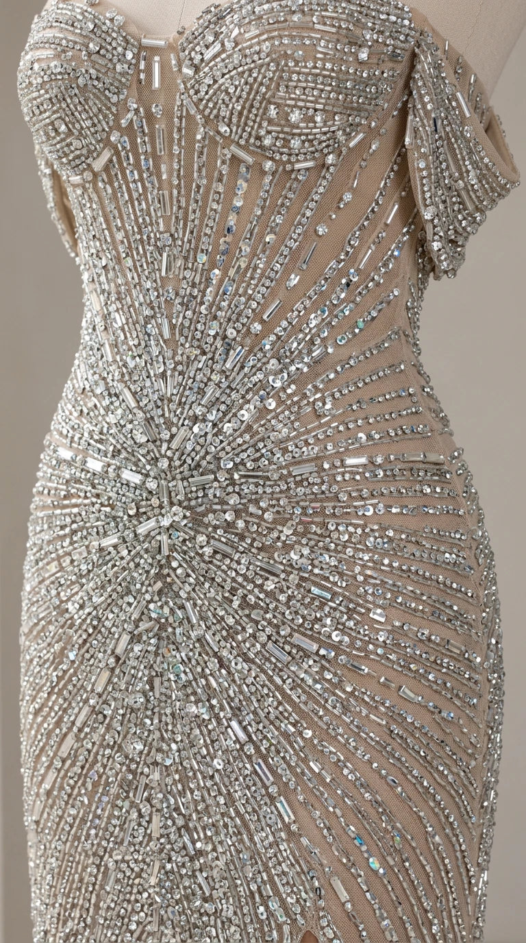 Close-up detail of silver beaded starburst pattern on nude mesh bodice