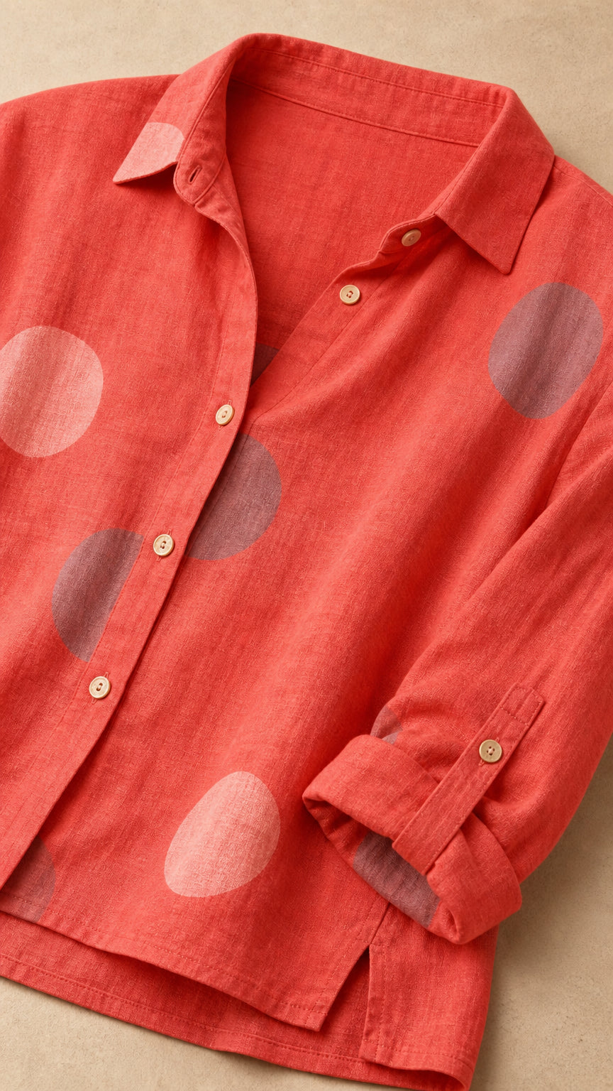Close-up detail of coral polka dot shirt collar, buttons, and sleeve cuff