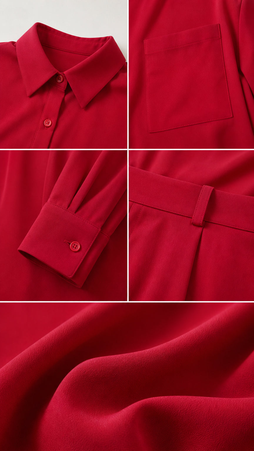Close-up details of collar, pocket, cuff, belt loop, and red fabric texture