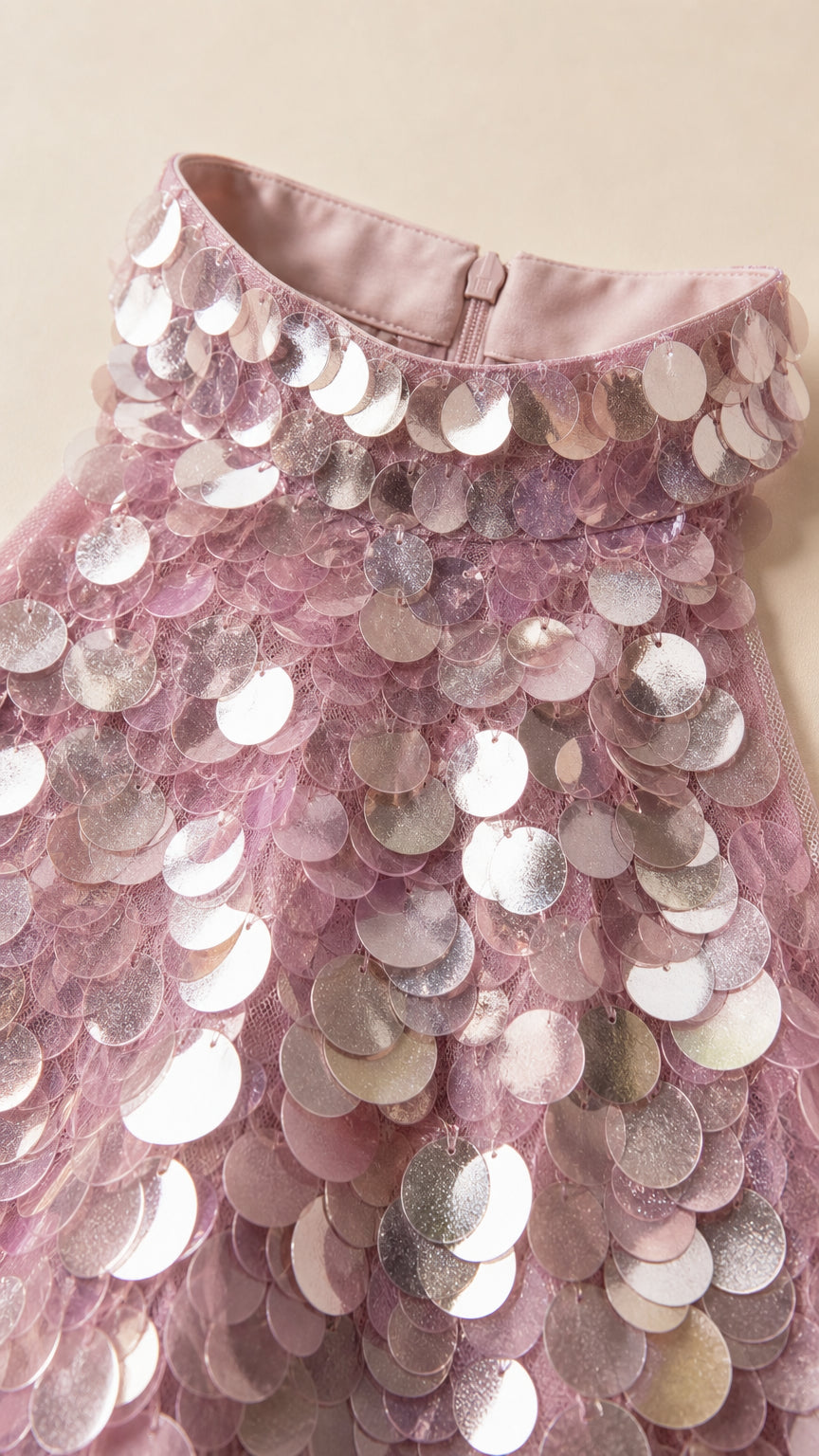Close-up detail of high neckline and shimmering disc sequins on pink maxi dress