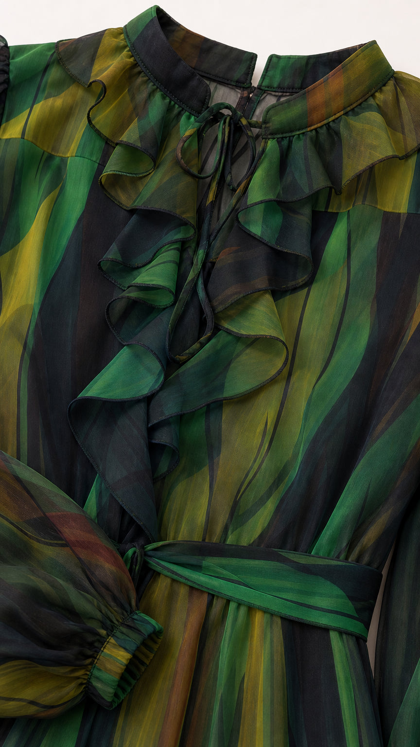 Close-up detail of neckline ruffles and sheer sleeves on green dress