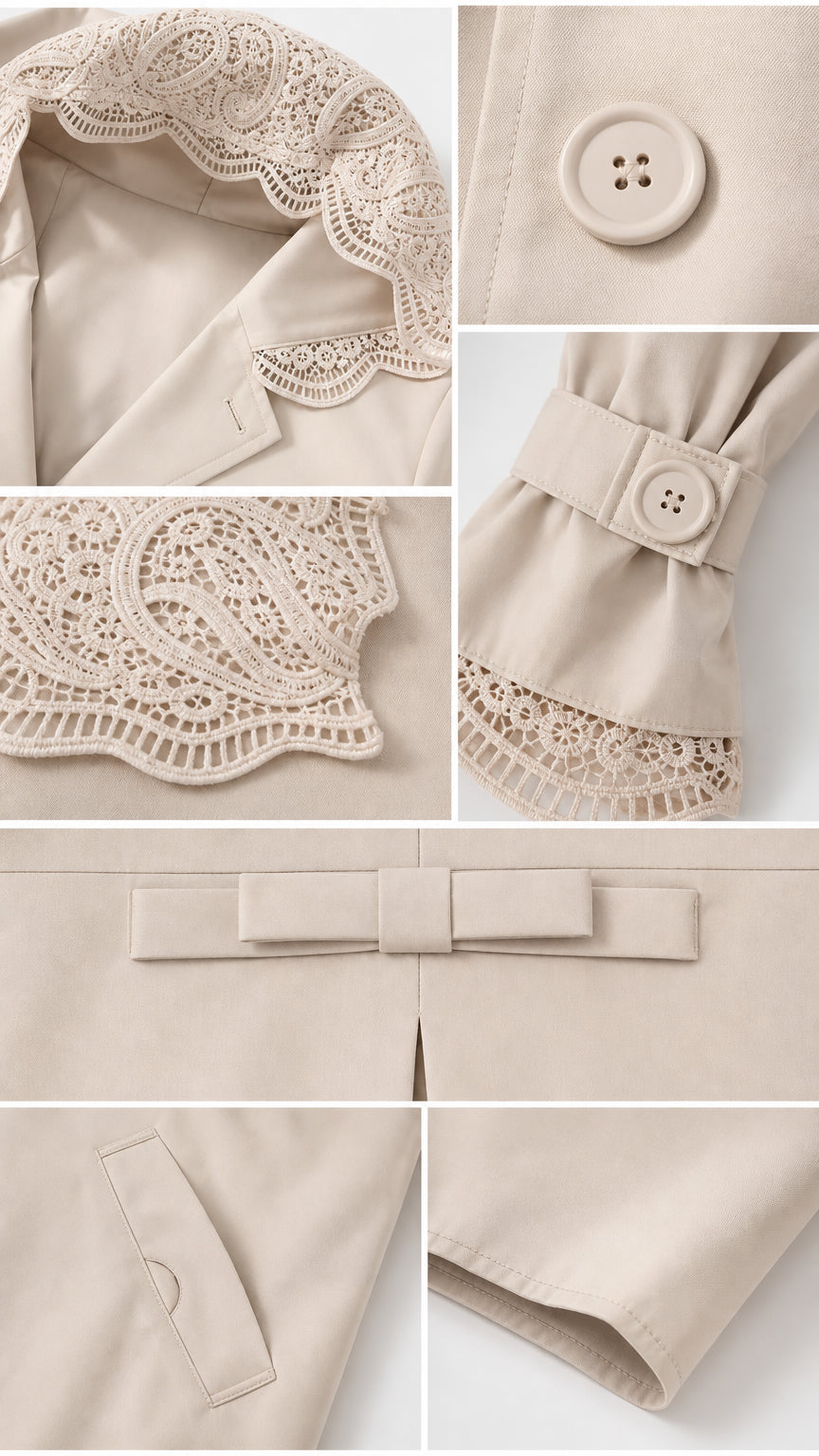 Close-up details of lace trim on hood, cuffs, button closure, and bow detail on beige coat