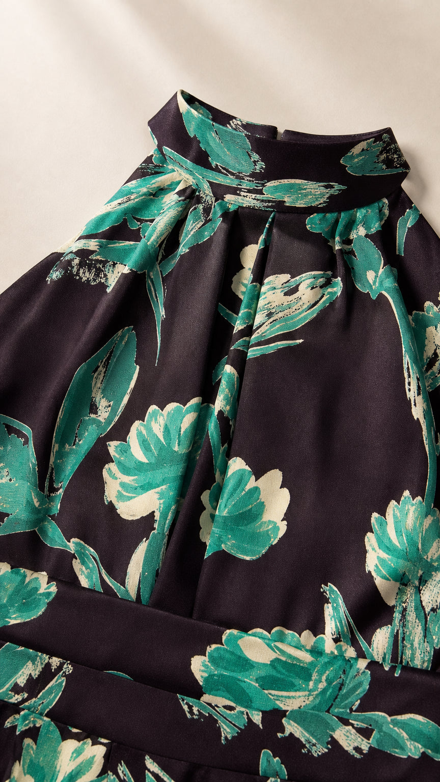 Close-up detail of pleated high collar and botanical floral print