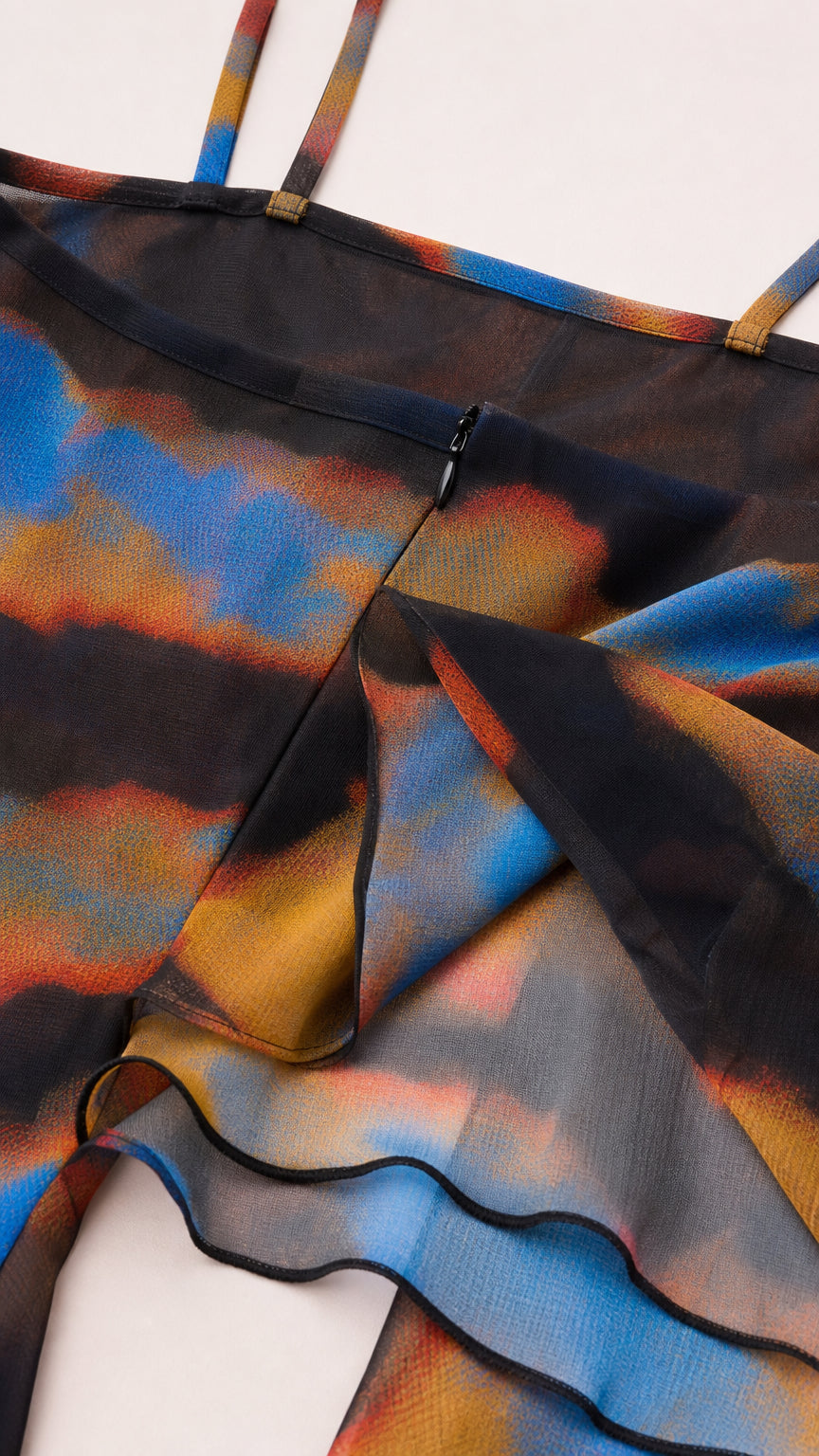 Close-up detail of sheer printed chiffon fabric, concealed side zipper, and ruffled hem finish