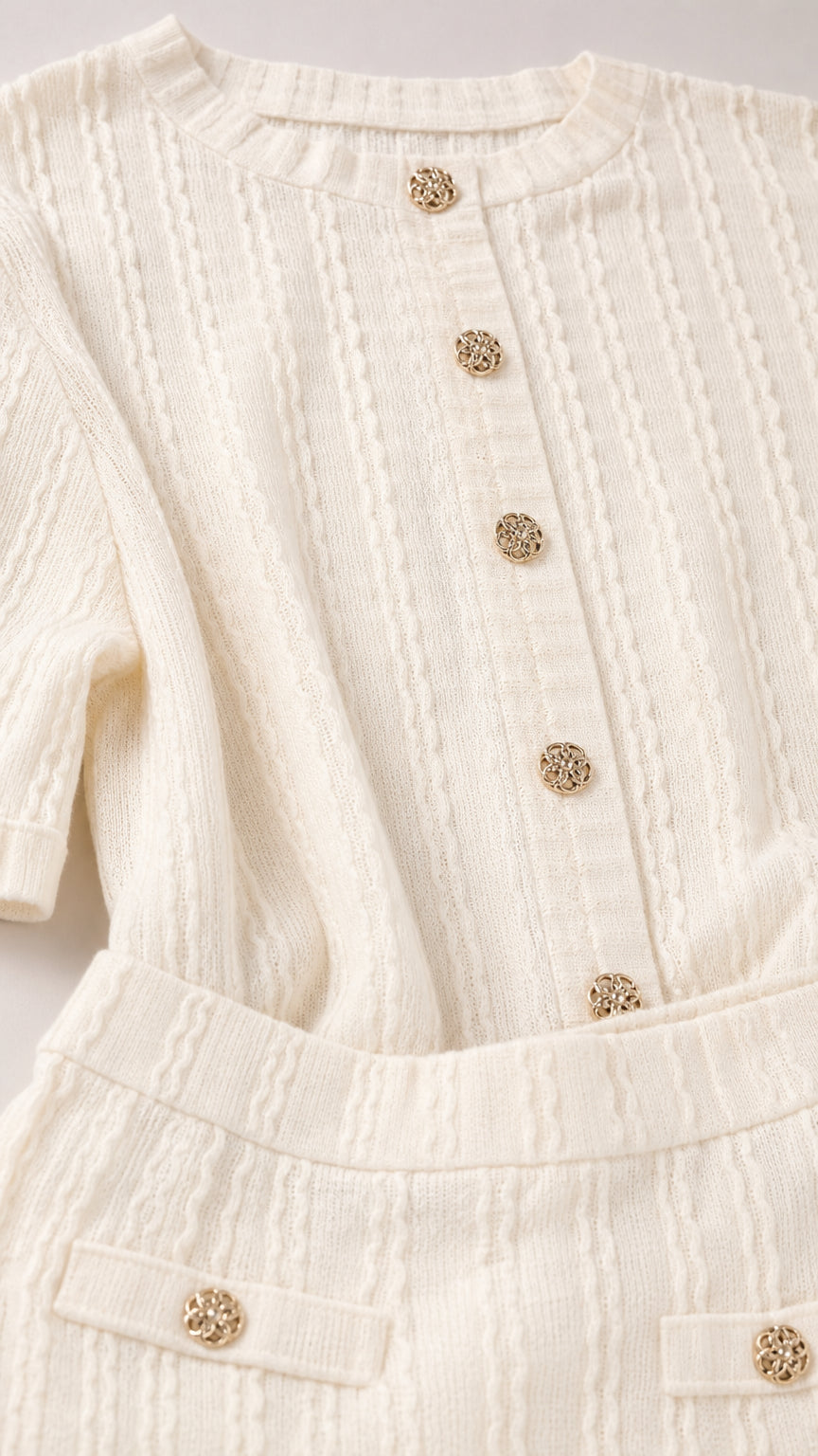 Close-up detail of cream textured knit fabric, round neckline, and gold-tone buttons