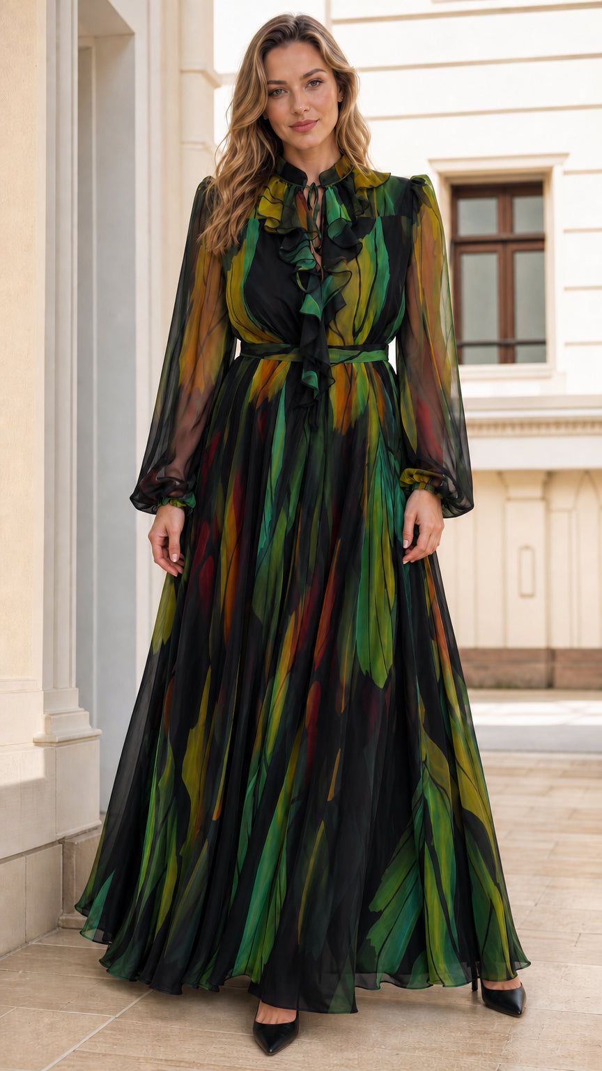 Full front view of green chiffon maxi dress