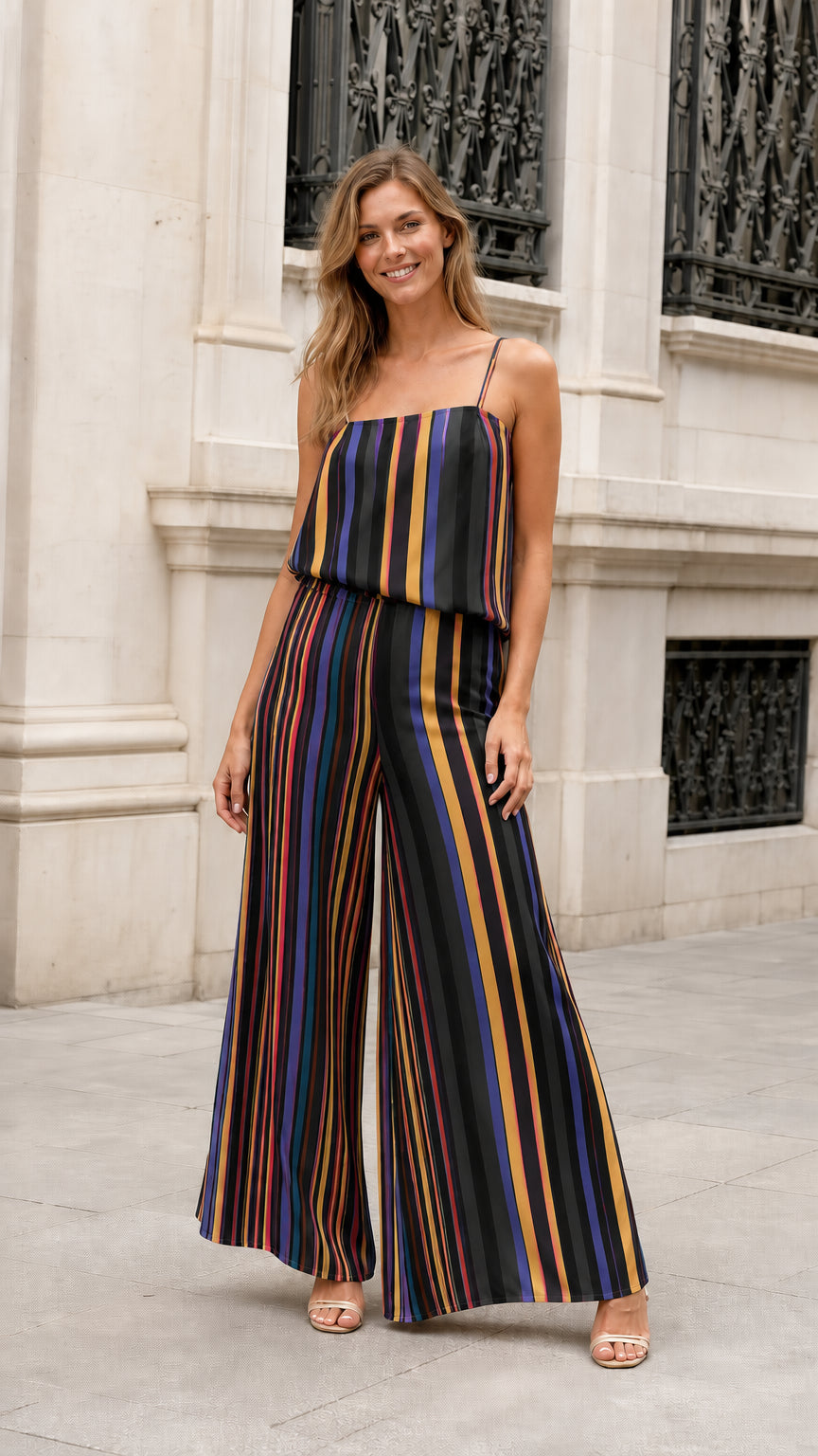 Full length view of model wearing Black Multi Stripe wide leg jumpsuit