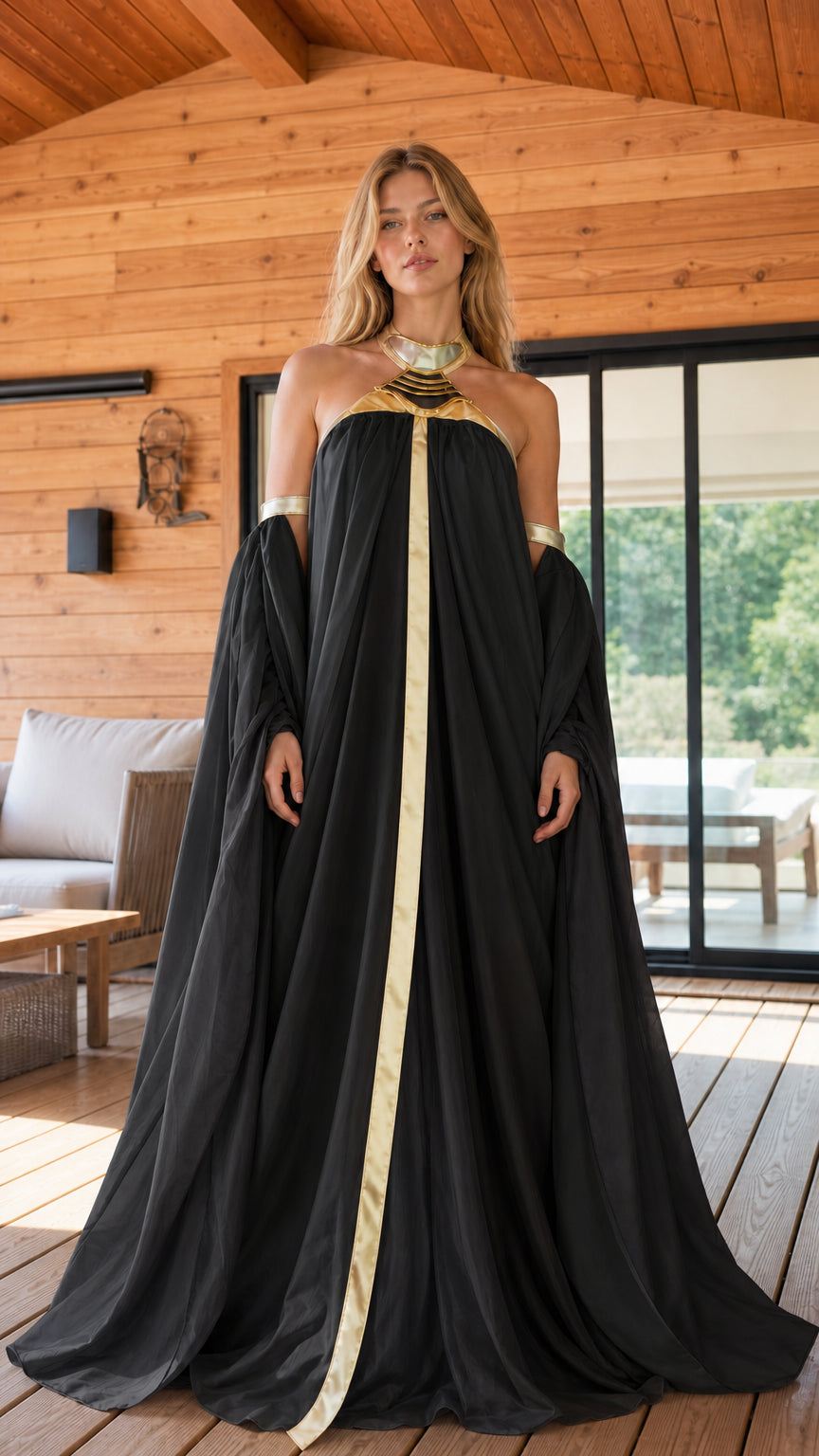 Full-length front view of black goddess halter maxi dress with gold collar trim and cape sleeves
