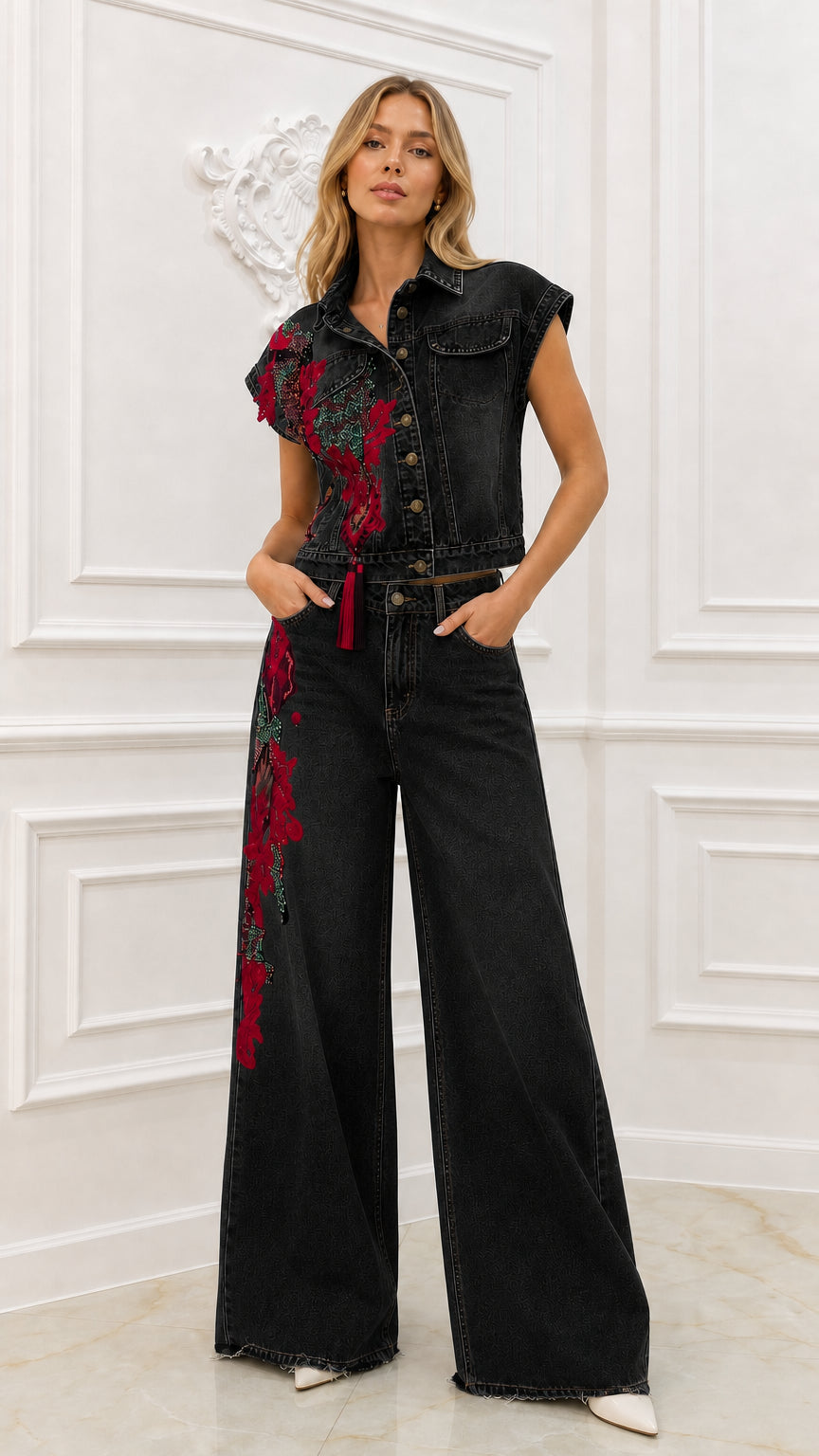 Model wearing black embroidered denim matching set
