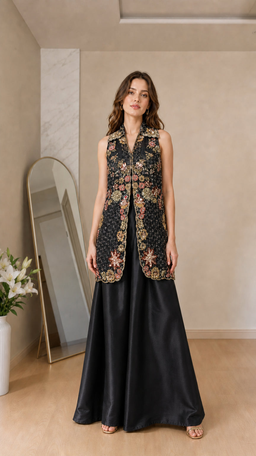 Front view of model wearing black embroidered vest and satin palazzo set