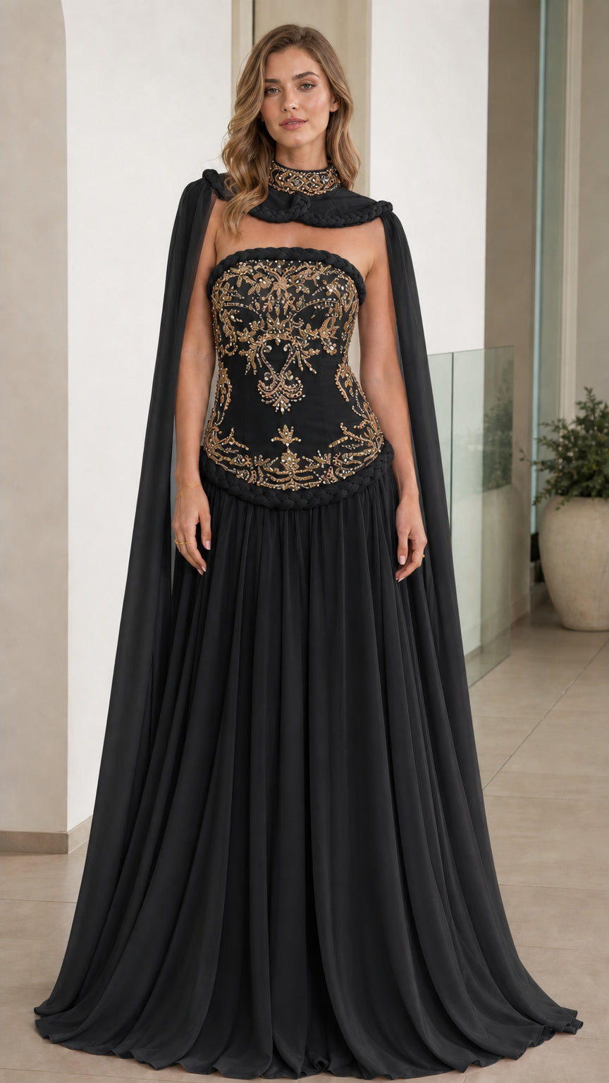 Front view of Black embroidered corset gown with cape