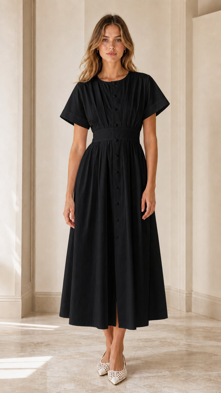 Model wearing black pleated button-down midi dress