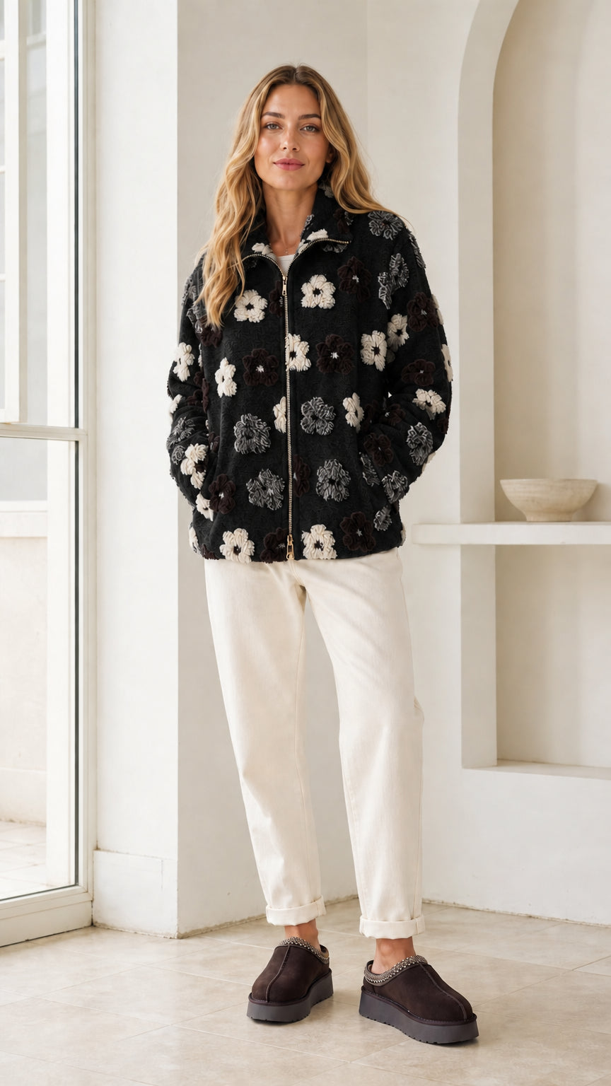 Model wearing black floral embroidered sherpa fleece zip jacket