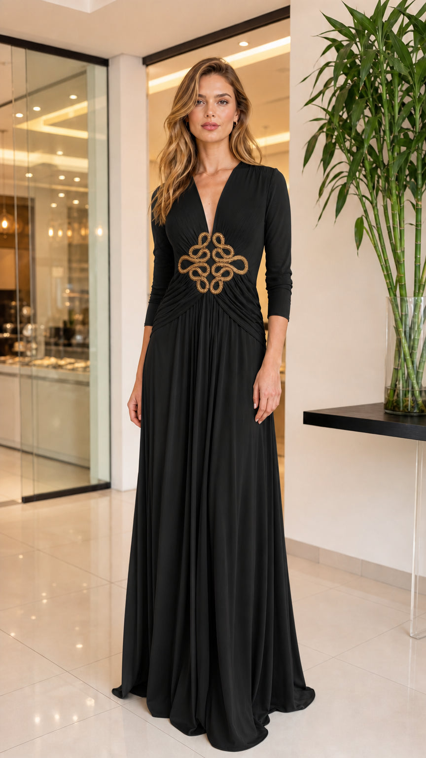 Classic black deep V-neck maxi dress with braided waist motif
