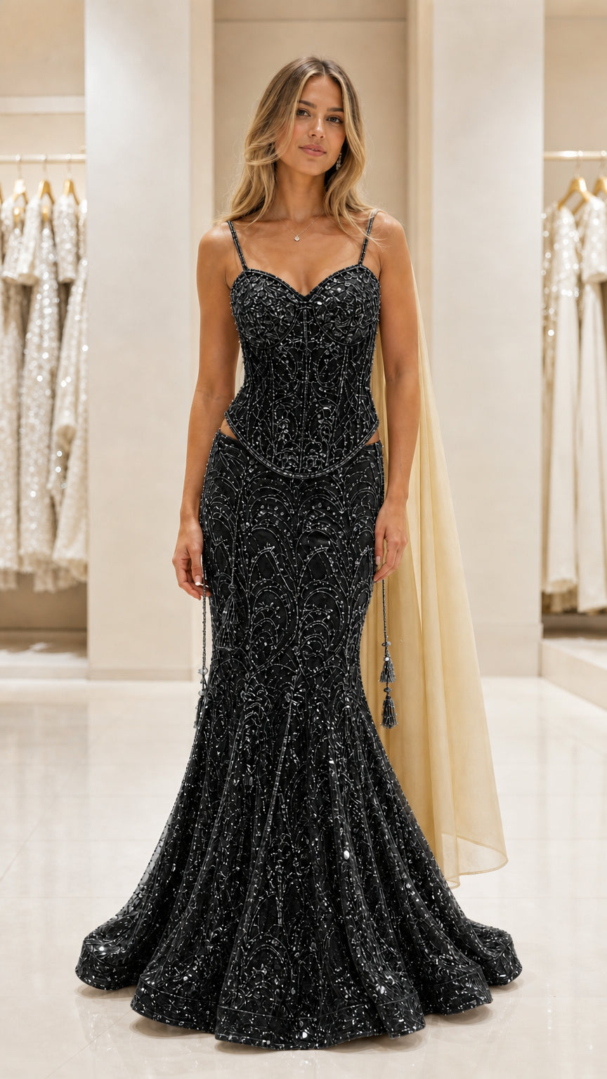 Full front view of the black sequin mermaid evening gown