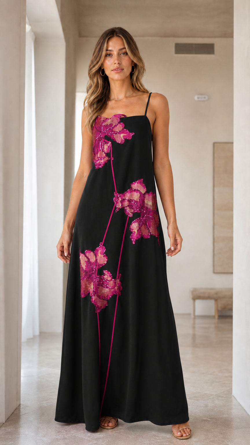 Black floral sequin cami maxi evening dress