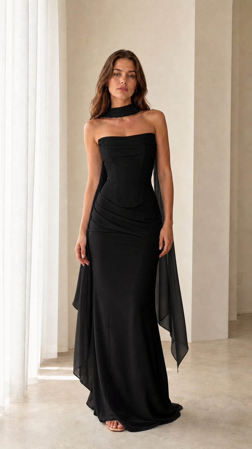 Model wearing the Black strapless corset evening maxi dress
