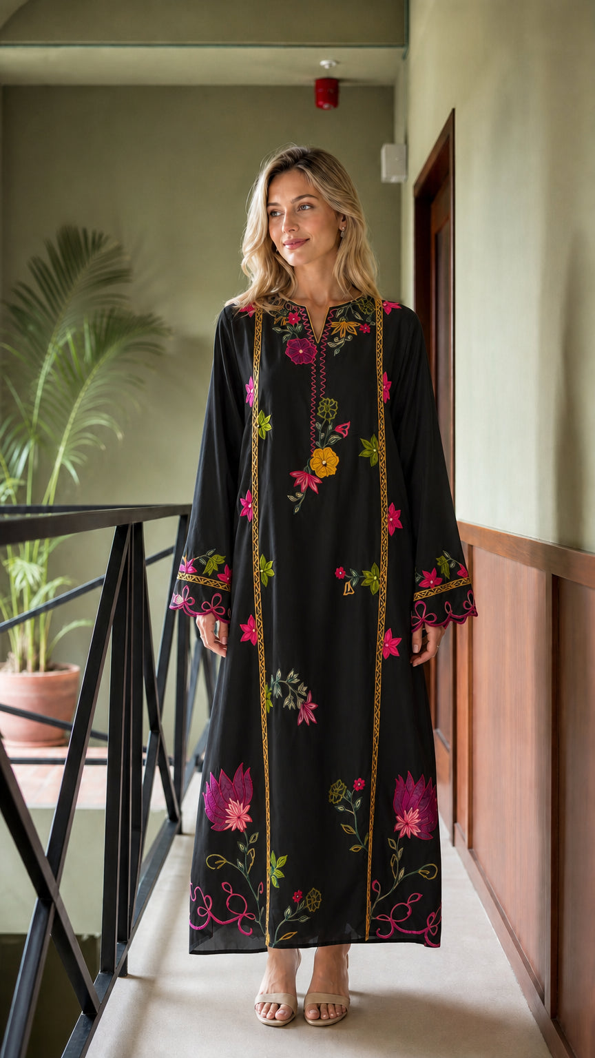 Model wearing Black floral embroidered maxi kaftan dress