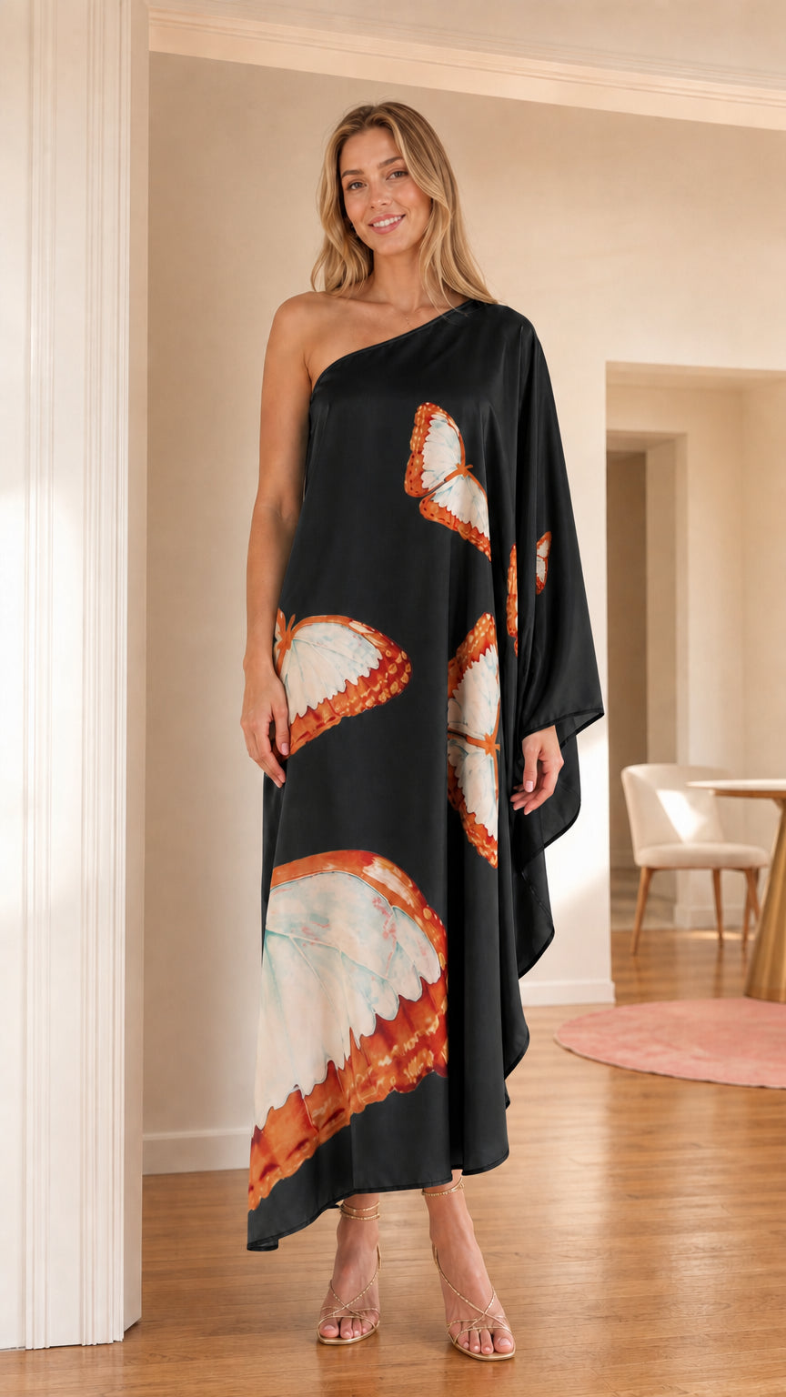 Front view of model wearing Black one-shoulder butterfly print satin kaftan maxi dress